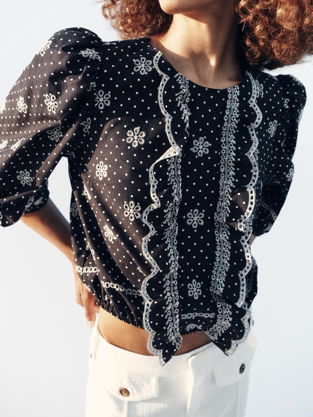 EMBROIDERED PERFORATED POLKA DOT BLOUSE
